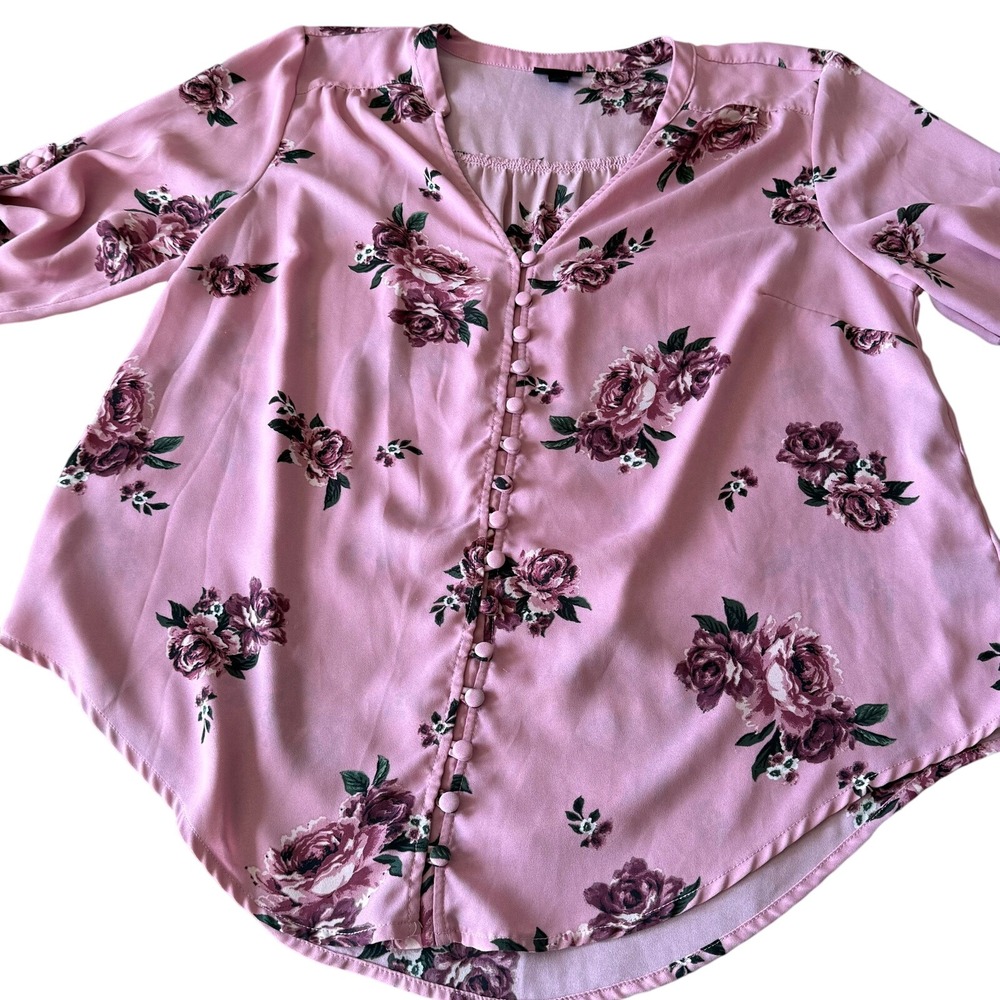 Torrid Pink Floral Georgette Roll Tab Sleeve Button Front Blouse Plus Size 00